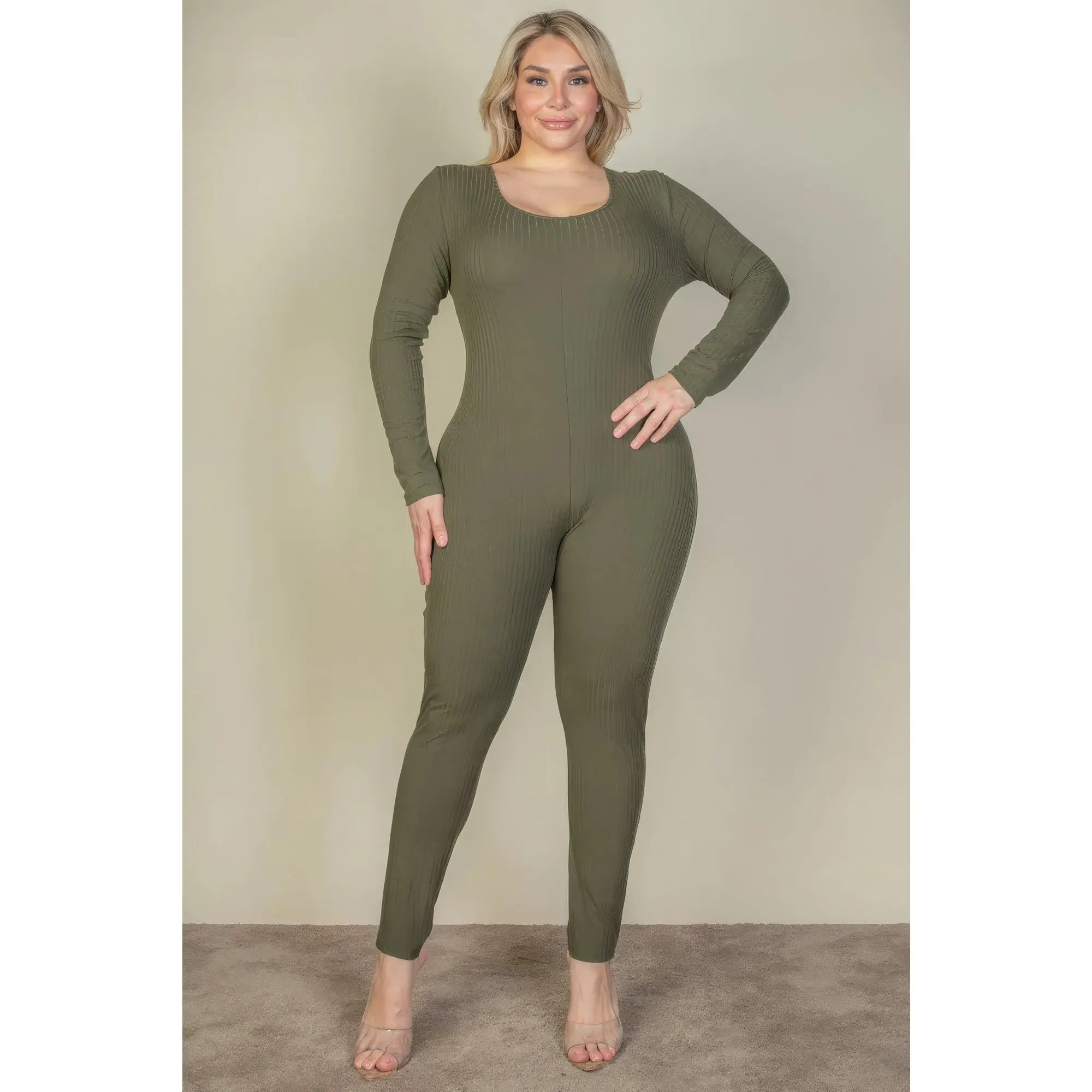 Plus Size Ribbed Scoop Neck Long Sleeve Jumpsuit