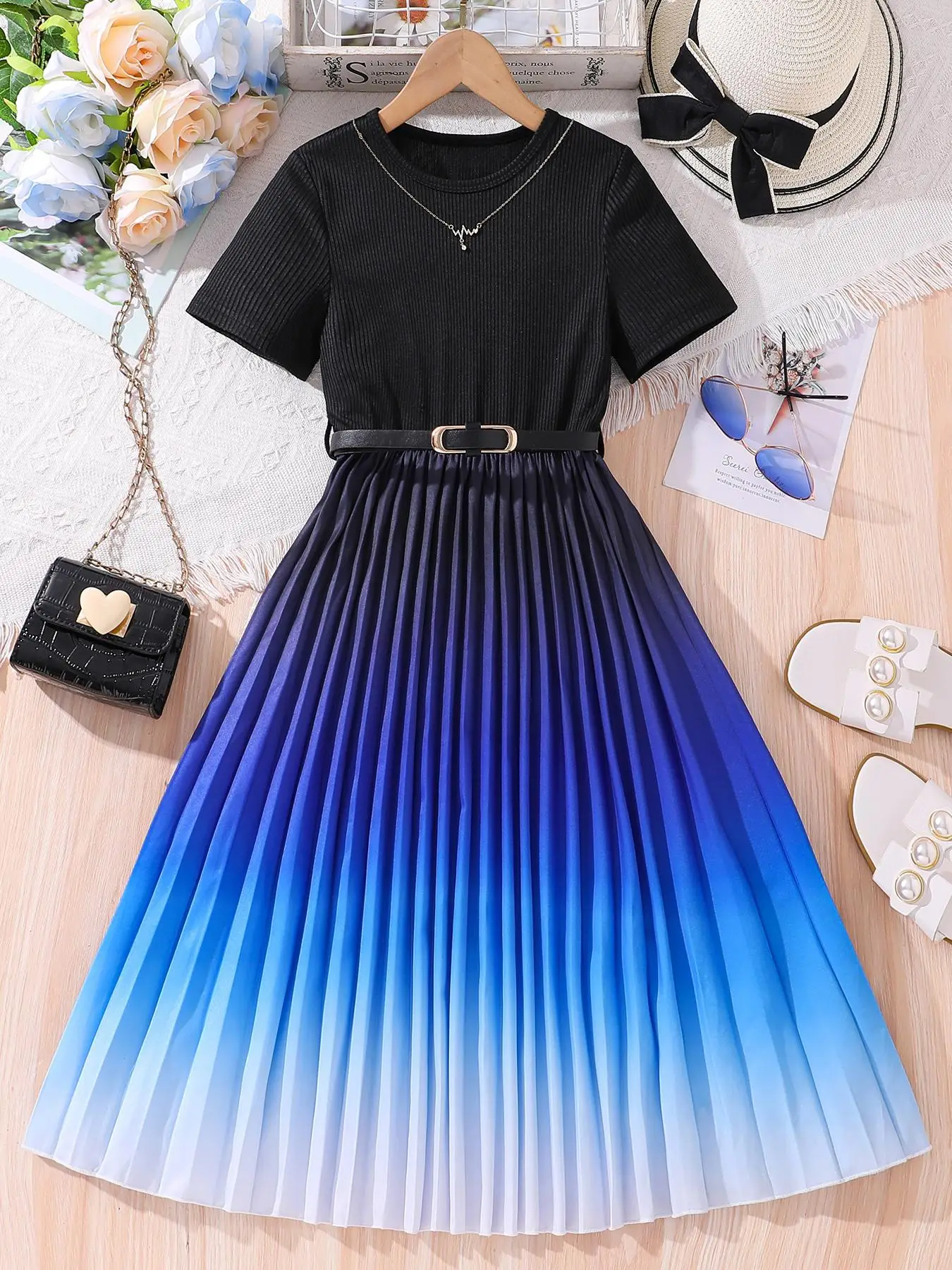 Girl's Ombre Print Pleated Belted A Line Dress, Cute Casual Round Neck Short Sleeve Dress for Daily Wear Holiday Vacation, Kids Clothing for Summer, ,