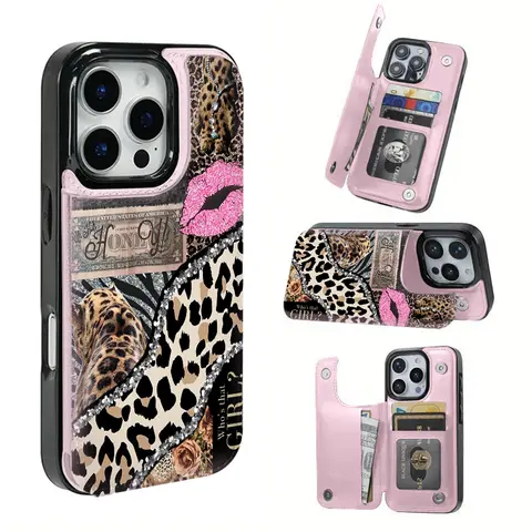 Glam Elegant TPU Cellphone Case - Art, Minimalist Patterned Design, Pink Leopard Print, Hyperrealism Lip Pattern, Card Slot for Bank/Transit Cards, Non-Customized Stylish Cover for iPhone 16, 16 Pro Max Phone Accessories