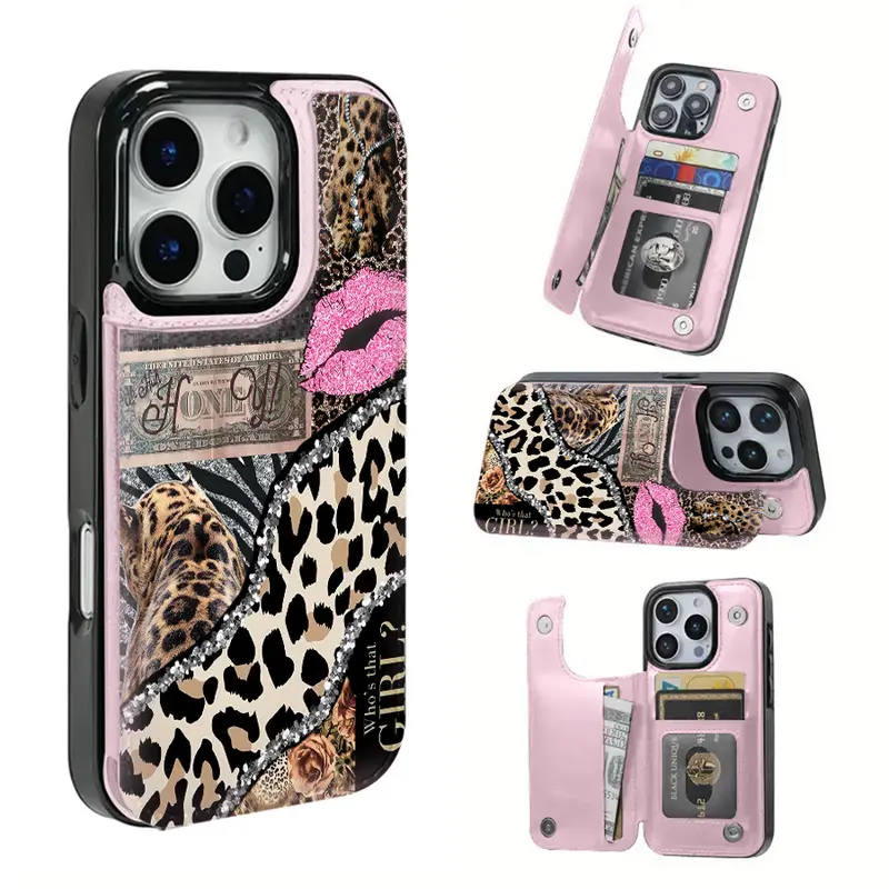 Glam Elegant TPU Cellphone Case - Art, Minimalist Patterned Design, Pink Leopard Print, Hyperrealism Lip Pattern, Card Slot for Bank/Transit Cards, Non-Customized Stylish Cover for iPhone 16, 16 Pro Max Phone Accessories