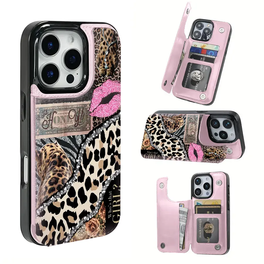 Phone Case - This TPU Phone Case, Adorned with a Pink Leopard Lip Pattern, Is Not Only Stylish But Also Practical, Featuring a Card Slot And Various Functionalities for Bank And Transit Cards. It Is Compatible with The for Iphone 16 Pro Max, 16