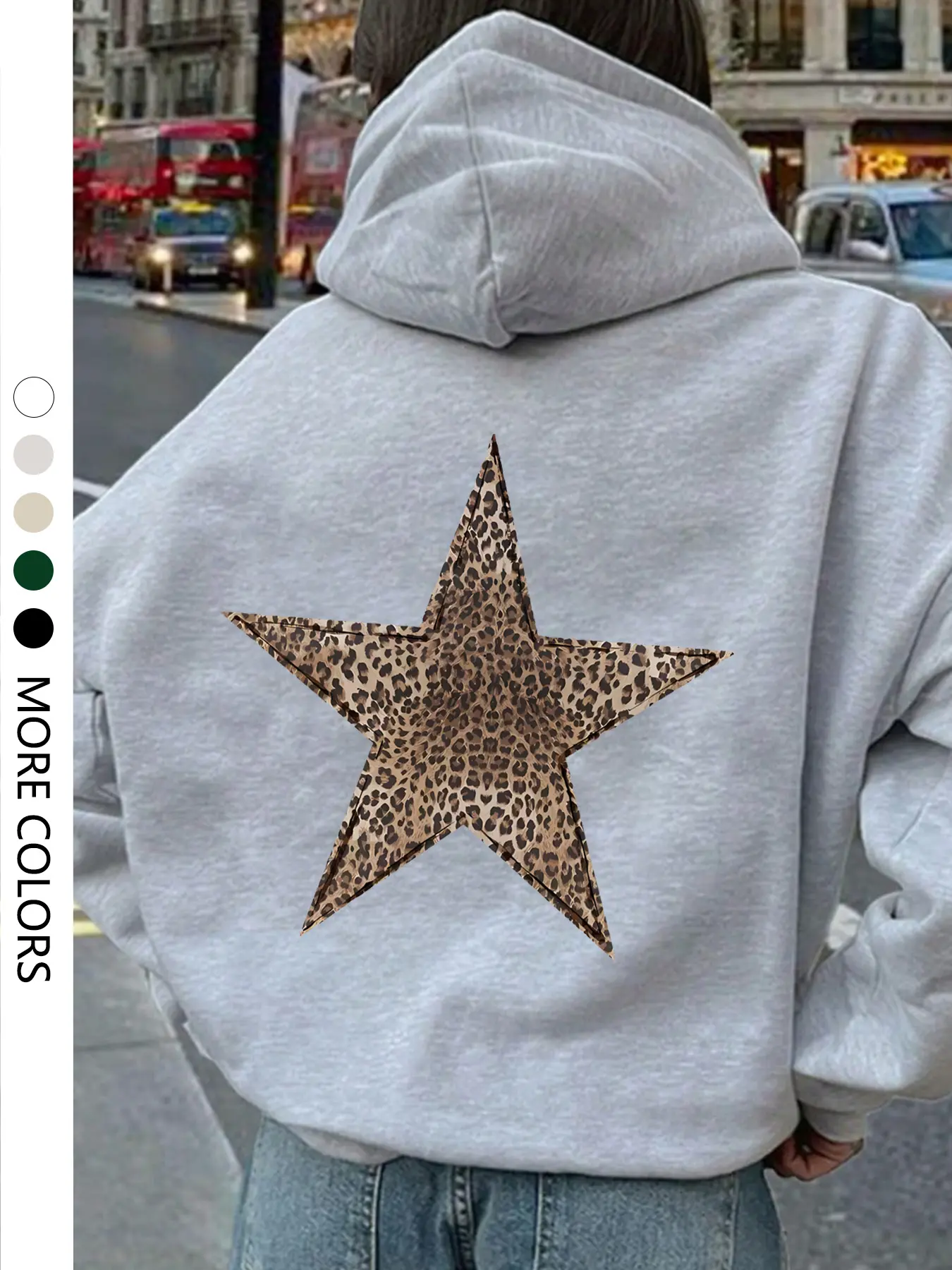 Women's Leopard Star Print Hooded Sweatshirt with Drawstring Pockets, Casual Loose-Fitting Pullover for All Seasons, Stylish Fall Winter Wear