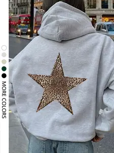 Women's Leopard Star Print Hooded Sweatshirt with Drawstring Pockets, Casual Loose-Fitting Pullover for All Seasons, Stylish Fall Winter Wear