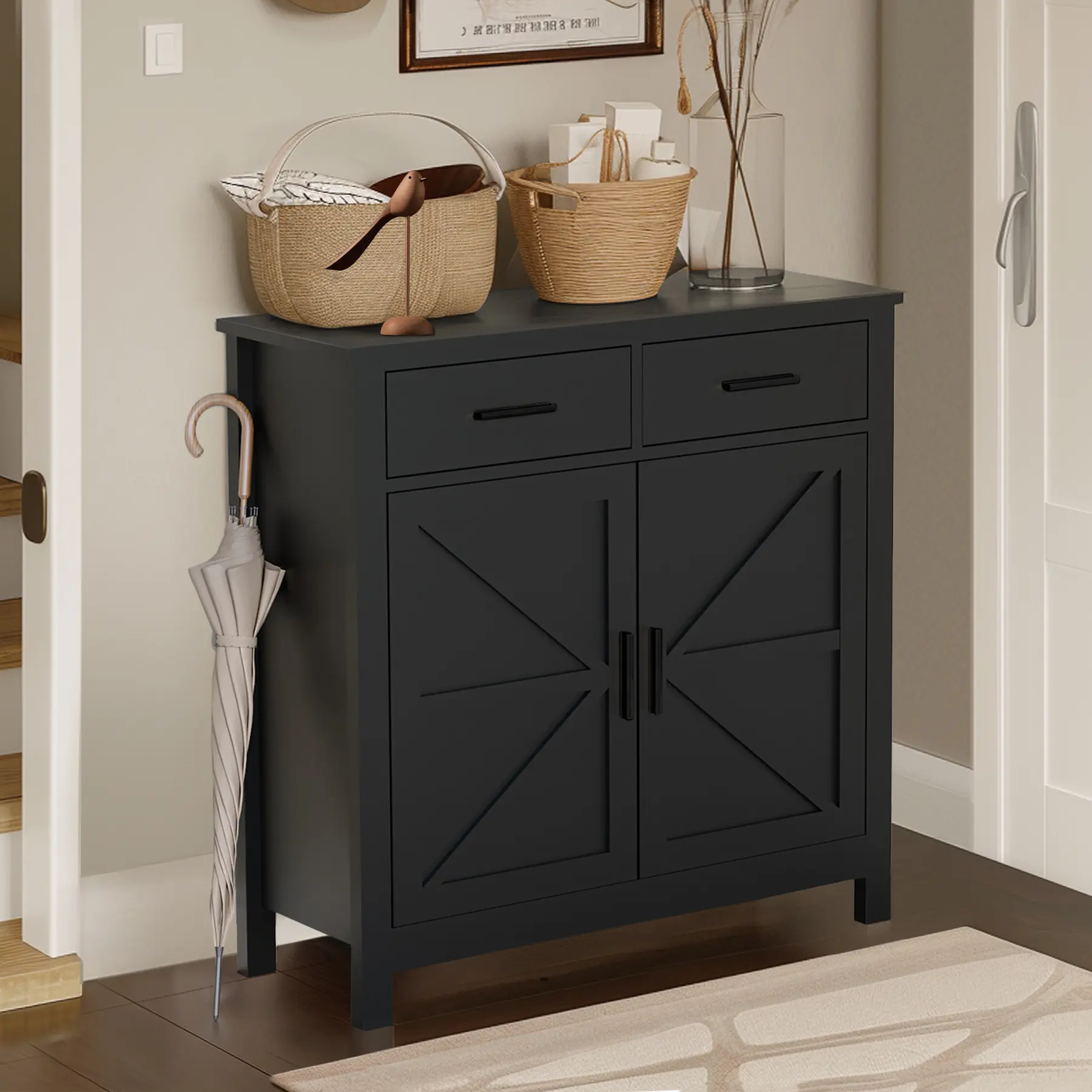 Freestanding Sideboard Cabinet with 2 Drawers and 2 Doors, Modern Farmhouse Buffet Storage Credenza, Coffee Bar Cabinet for Kitchen, Living Room, Dining Room, Bathroom, Black