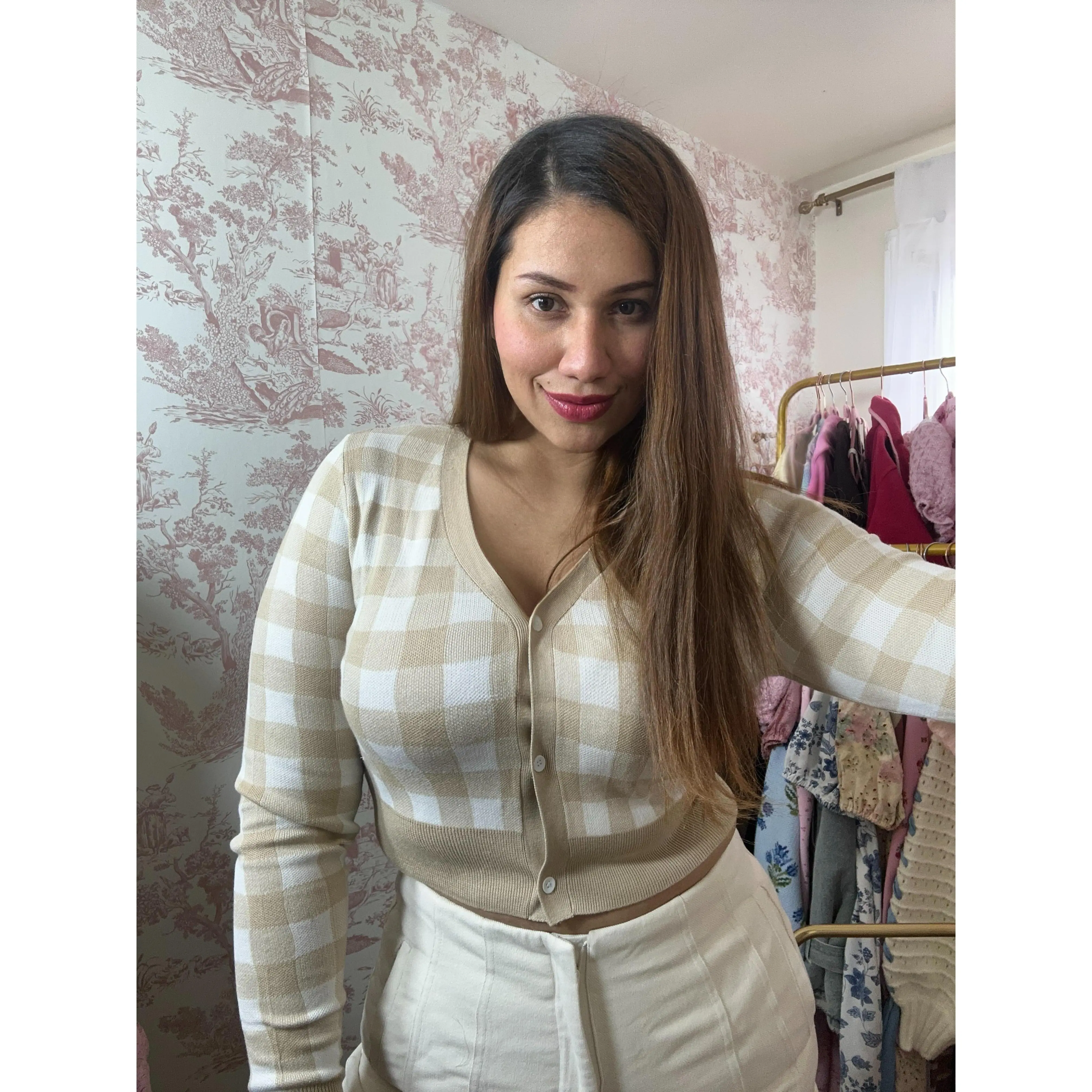 Girls On Board! Gingham Cotton Blend Beige Cardigan