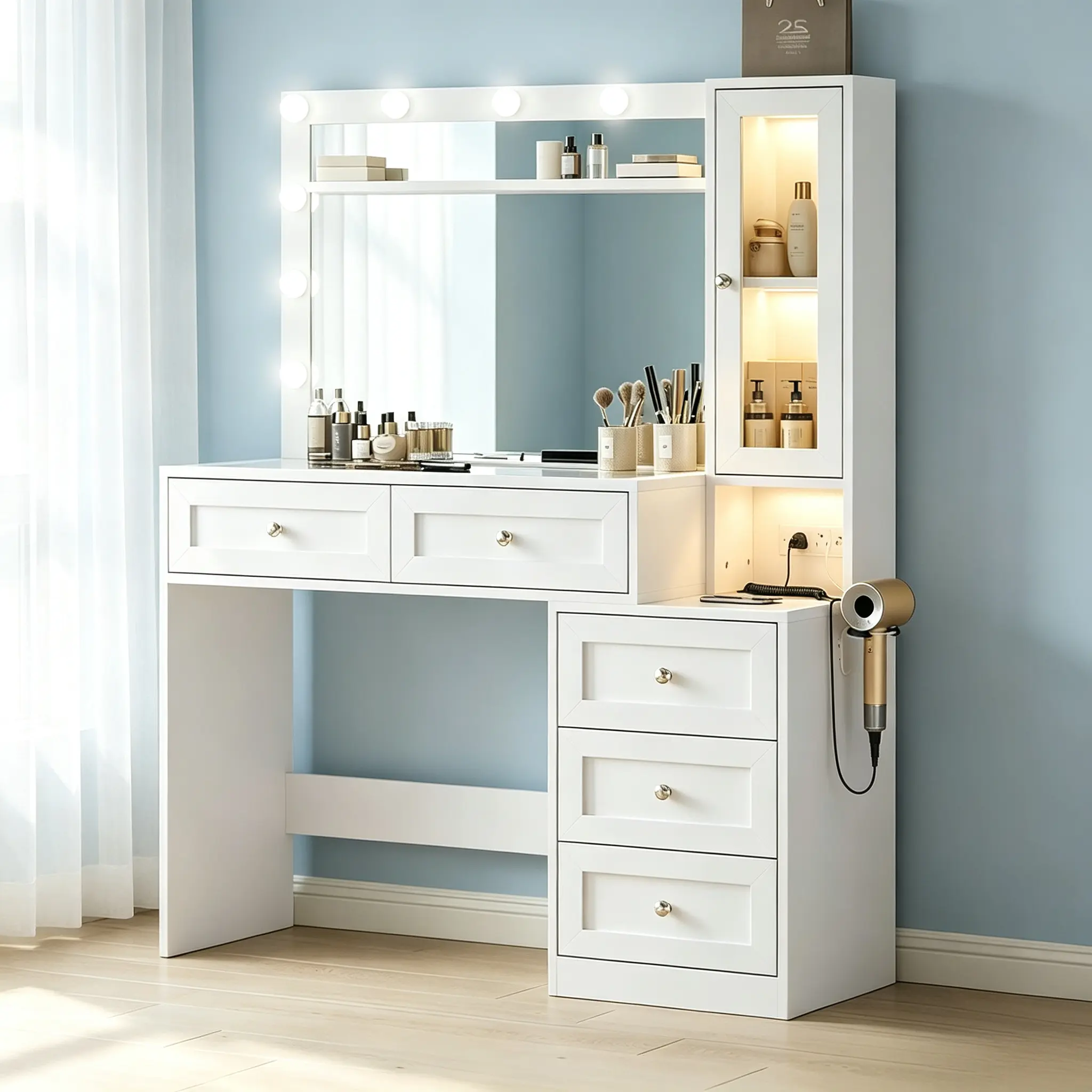 CollaredEagle 43" Vanity Makeup Desk, Illuminated Modern LED Dressing Table with 11 Lights, Adjustable Brightness, Glass Top, 5 Drawers & Power Outlet for Home and Dorm Use