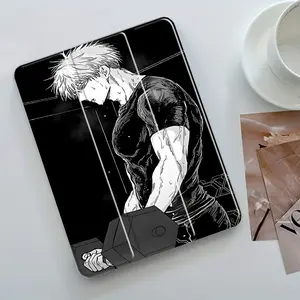 Japanese Anime Muscular Man Design Three-Tier Stand iPad Case,Transparent Acrylic Hard Back,Pencil Slot & Charger Port,Fits iPad 7.9/8.3/10.2/10.5/10.9/11/12.9 13 inch,Shock-resistant Full Cover Protective Case Suitable for Offices Schools Homes