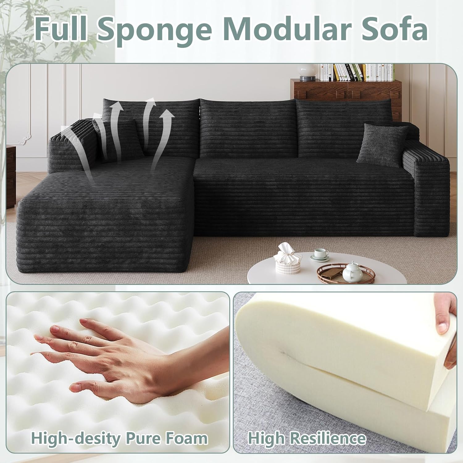 94" Modular Sectional Sofa Couch, Modern Corduroy Cloud Couch, Boneless Couch Upholstered 3-Seater L-Shaped Sofa for Living Room, No Assembly Required (Black,Left-Facing Chaise)