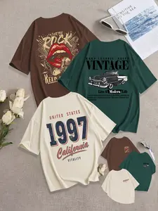 Breathable Casual T-Shirt, Loose Fit Round Neck Design, Vintage Mouth & Car Pattern Print, Daily Wear Fashion Comfort Top Set of 3