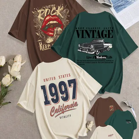 3-Pack Breathable Casual, Classic Loose Fit Round Neck T-Shirt, Vintage Comfortable Mouth/Car Pattern Print Daily Wear, Trendy Summer Tee