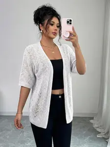 Summer New Pure Color Hollow Out Short Sleeve Knit Cardigan, Vacation Beach Cover-Up Thin Jacket for Women, Casual Fashion Outerwear