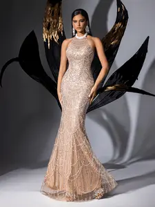 Luxury Champagne Beaded Mermaid Evening Gown | Halter Neck Backless Formal Dress with Sequin Pattern