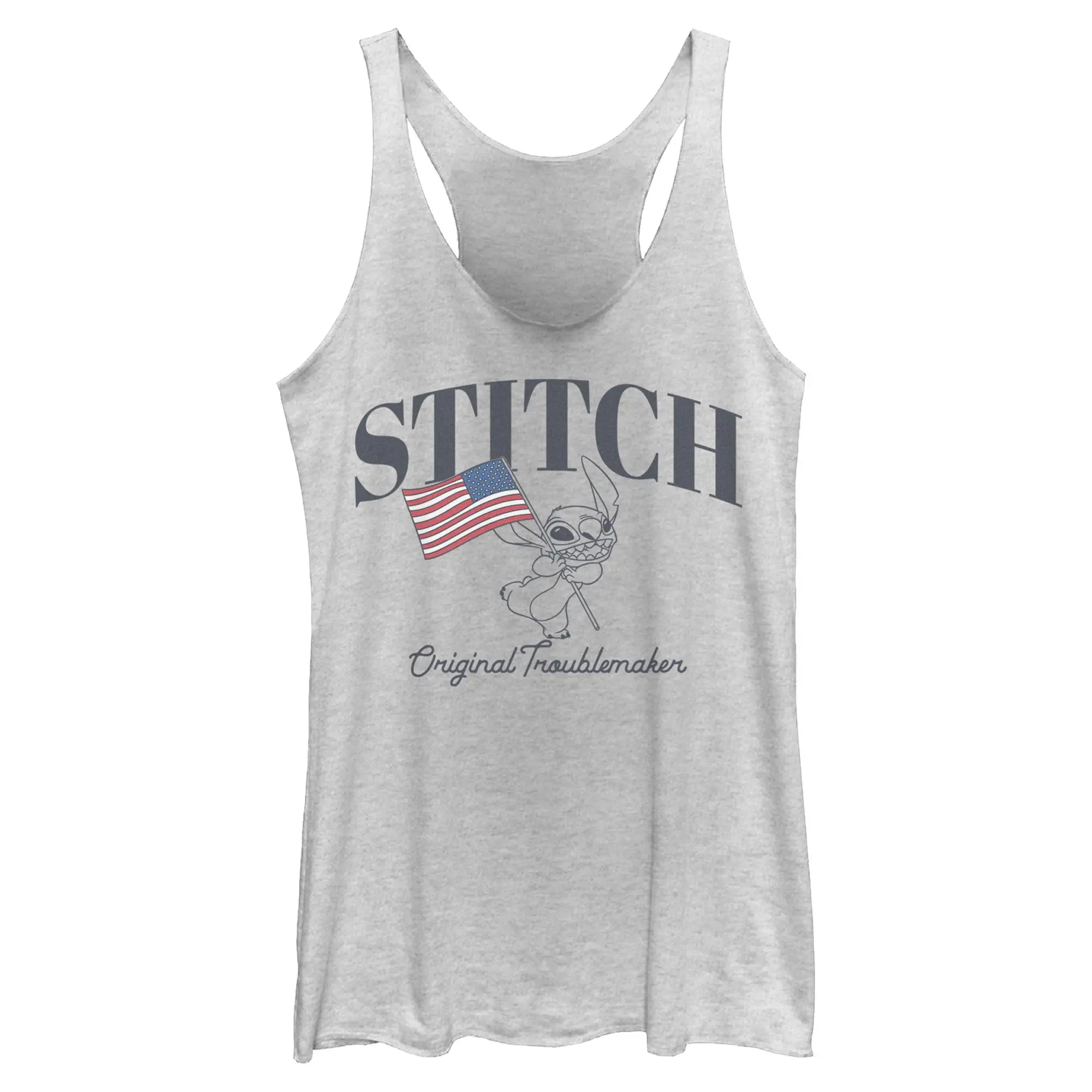 Lilo & Stitch Women's Funny Original Troublemaker Racerback Top, Americana Printed Sleeveless Crew Neck Fashion Apparel