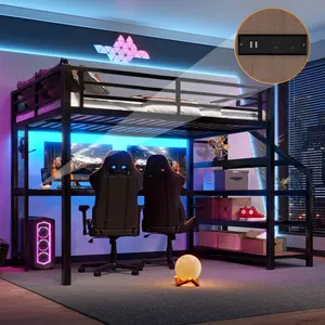 Full Size Loft Bed with Desk and Storage Stairs, Heavy-Duty Metal Loft Beds Frame with LED Lights, USB Ports, Multifunctional Iron Nets, No Spring Box Needed and Noise-free, Black