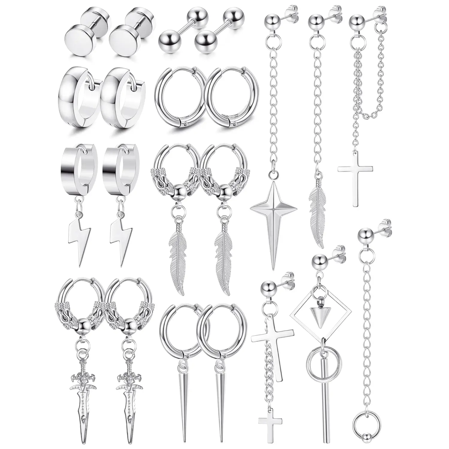 FIASASO 22-Piece Unisex Daily Earring Set - Stainless Steel Hinged Hoop, Long Chain, Stud, Cross Dangle Earrings with Metal Coating (Black, Silver, Gold)