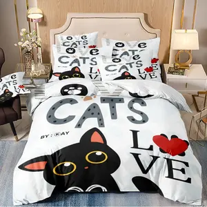 3-piece duvet cover set with cat pattern, 3D digital printing, suitable for bedroom and guest room home décor (1 duvet cover, 2 pillowcases, duvet insert not included). Machine washable, zippered design.