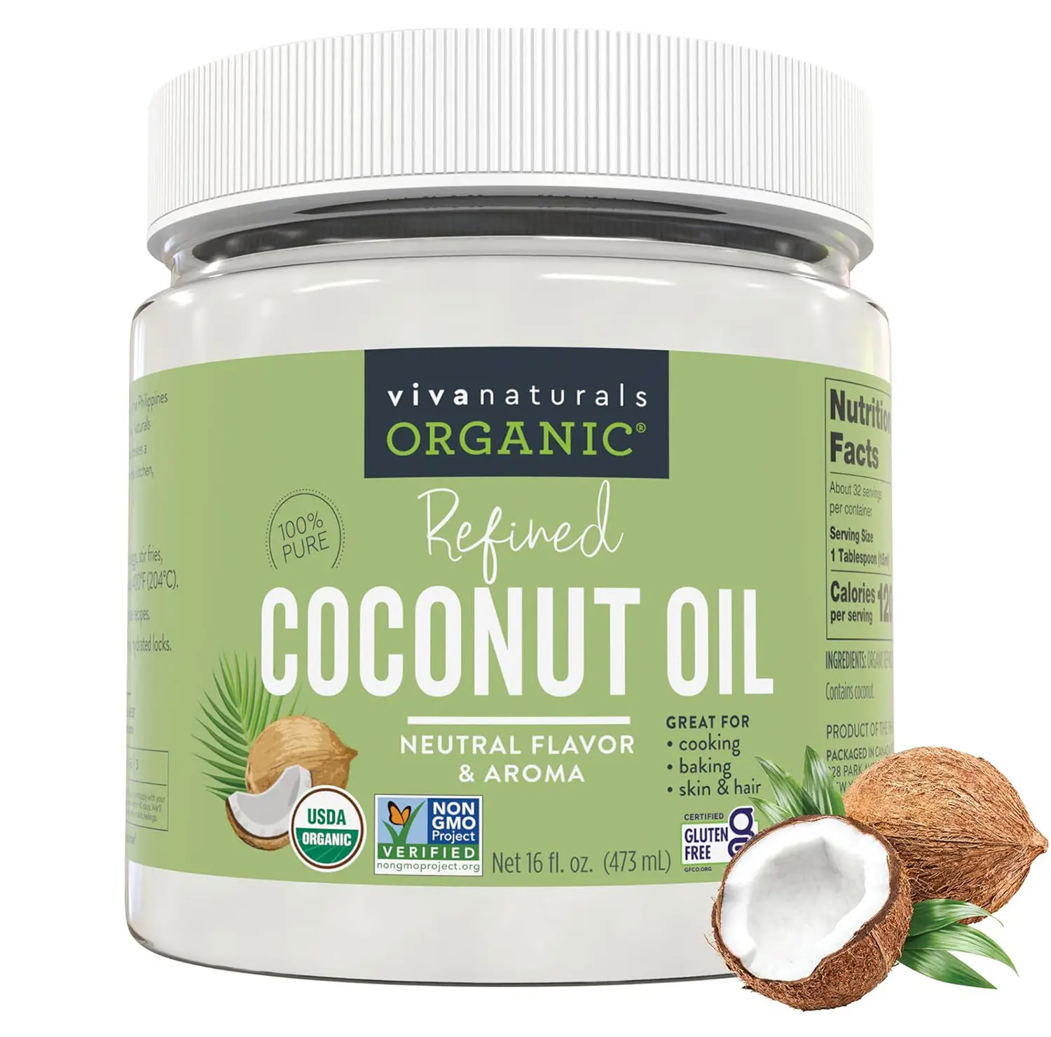 Viva Naturals Refined Coconut Oil, 16 fl oz – Expeller-Pressed, USDA Organic, Neutral Flavor & Aroma, Ideal for Cooking, Baking, Hair & Skin Moisturizer