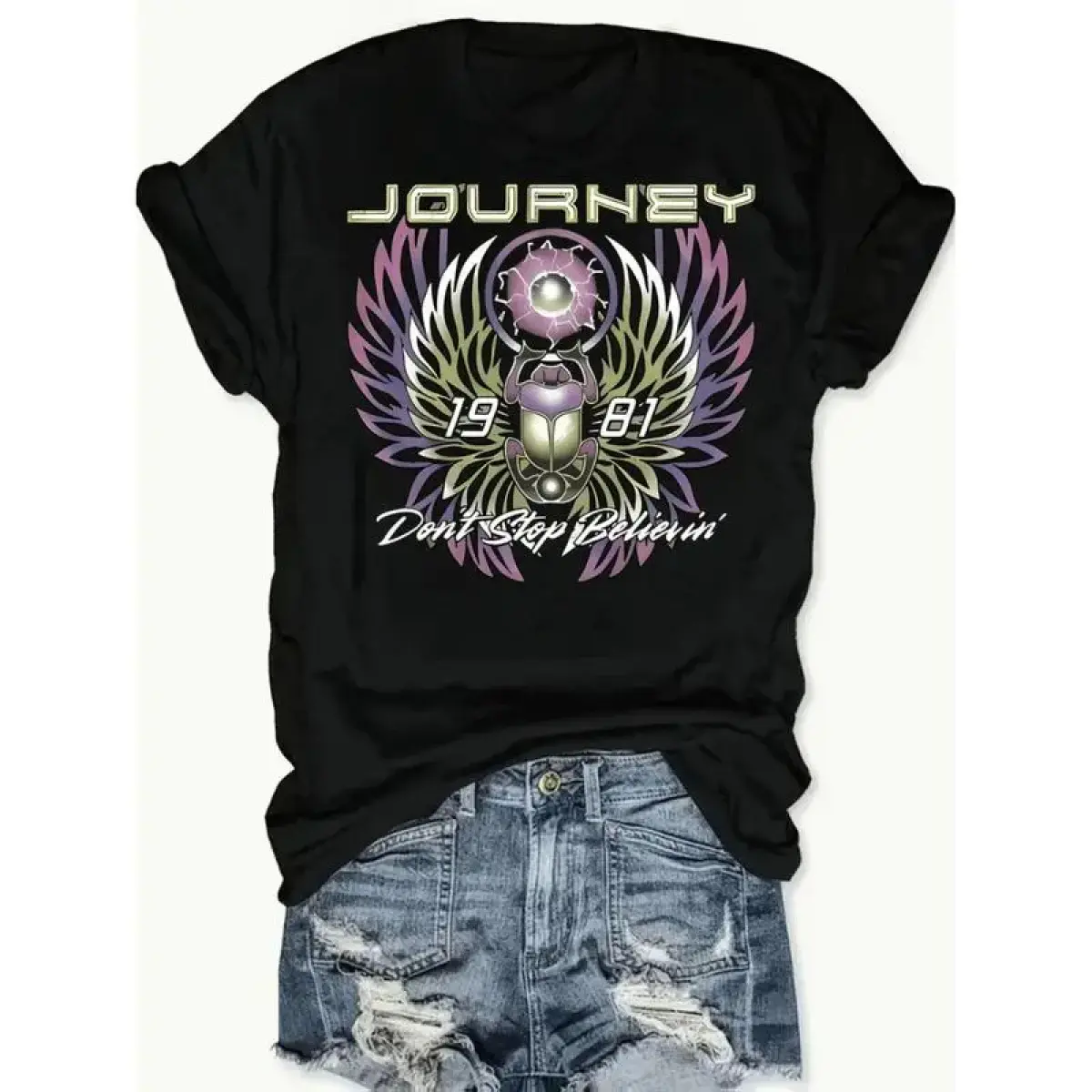 Women's Retro Graphic T-shirt, Cute Cotton Journey Rock Band Short Sleeve Top with a Casual Boxy Fit, Tshirt, Thanksgiving, Cute Tops For Women, Shortsleeve, Breathable, Easter, Valentines Day, All Seasons, Elegant, Preppy, Rock Print, Short Sleeves, Boho