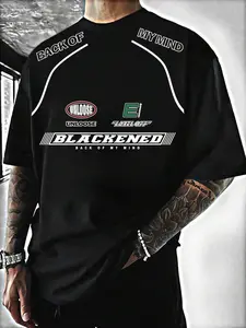 TJL Men's Oversized Racing Graphic T-Shirt - Crew Neck Short-Sleeve Techwear Top with Blackened Letter Print, Bold Statement Urban Look Motor Sport Streetwear Casual Fashion Tshirt