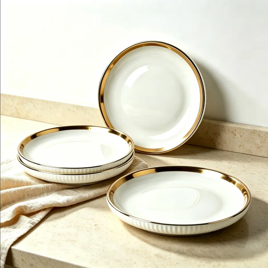Industrial 4-Piece 10-in Thick Gold Rim Ceramic Dinner Plate Set - Vertical Rib White Porcelain Dinnerware, Letters-Ready, Lead-Free, Microwave Safe, Dishwasher/Fridge Safe, Easy Clean, Stackable for Cabinet Storage, Ideal for Home Parties & Steak Meals