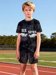 SIX SEVEN Handshake Print Boys' Two-Piece Short-Sleeve and Shorts Set, 100% Polyester Casual Loose Fit Set, Summer Fun Print Patterns, Outdoor Sports T-shirt Set, Perfect Gift for Boys