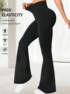 High Waist Tummy Control Flare Yoga Pants, Black Peach Butt Leggings
