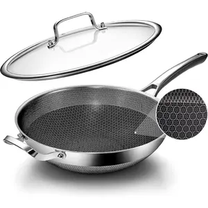 Wok pan,12 inch Hybrid Wok with Lid,PFOA Free Cookware,Non Stick Stainless Steel Woks & Stir-fry pans Nonstick, Dishwasher and Oven Safe, Works  Induction