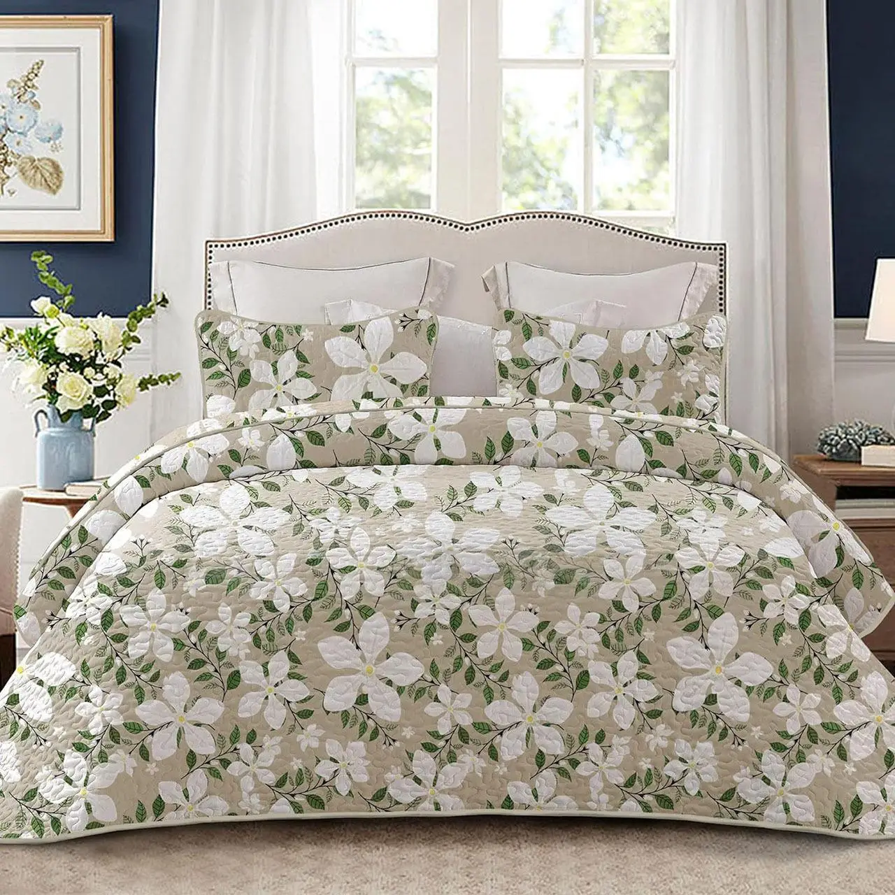 Whale Flotilla Reversible Floral Quilt Set King Size, Lightweight Boho Printed Bedspreads Coverlets Quilts Bedding Set with 2 Pillow Shams for All Sea