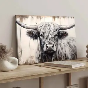 Vintage Highland Cow Canvas Print, Solid Wood Frame, Modern Art Decor, Waterproof & High-Definition, Ideal Gift for Home Office Wall