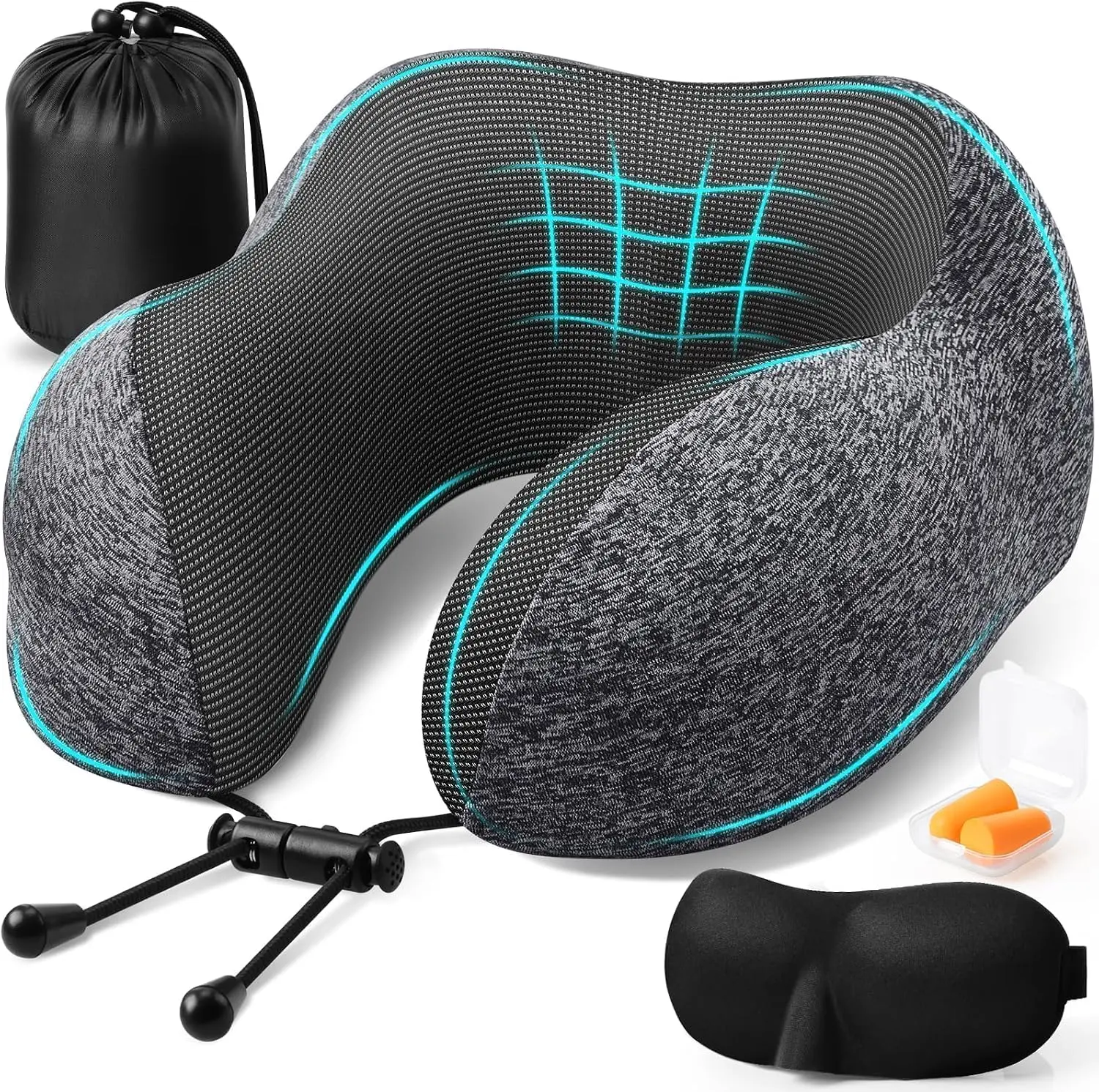 ExploreBliss Travel Pillow, Memory Foam Neck Pillow Airplane, Grey | Travel Pillows for Airplanes, Neck Pillow Airplane, Memory Foam Neck Pillow Set with Eye Mask, Earplugs