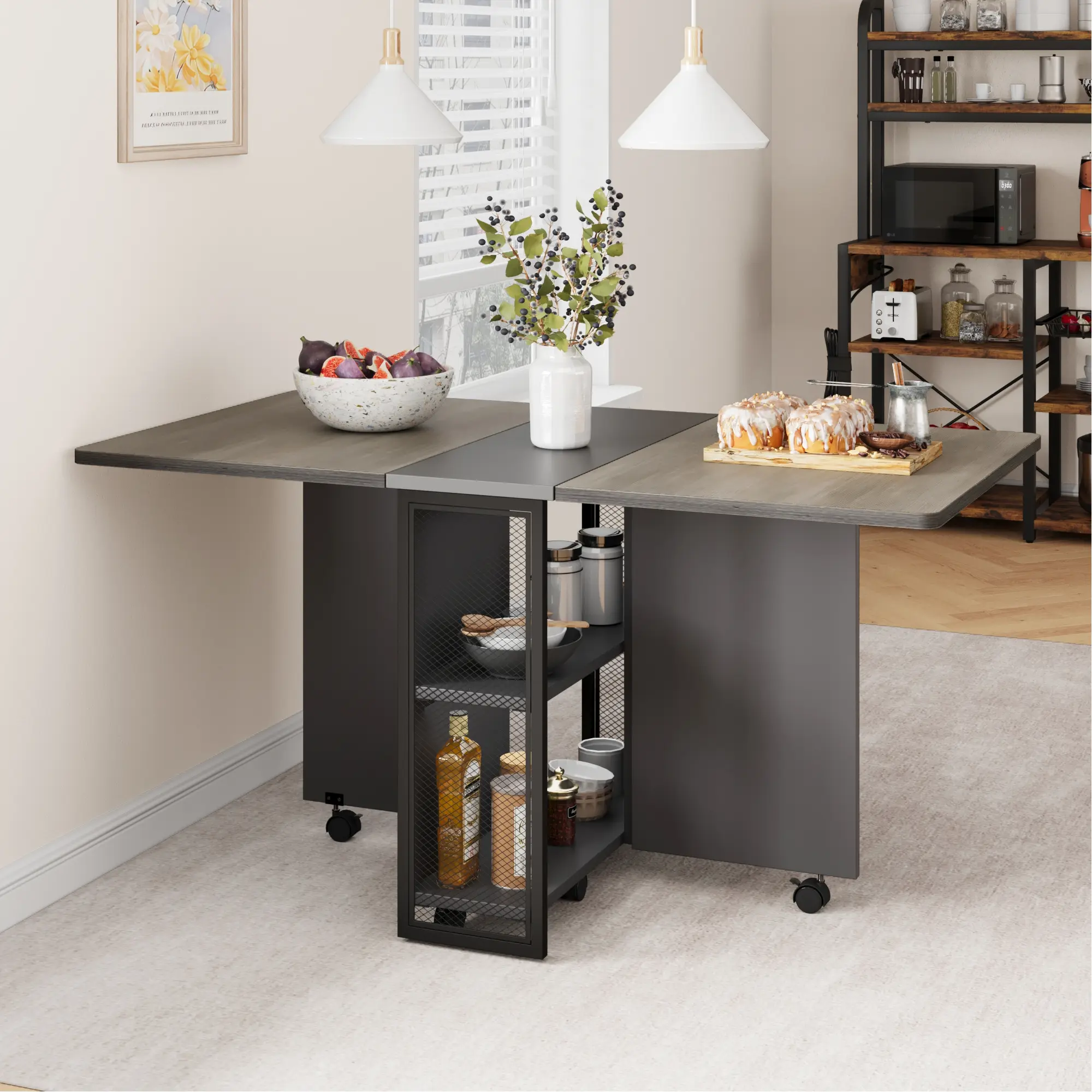 Gaomon Modern Farmhouse Extension Dining Table - Rectangular Dining Room Furniture, Indoor Furniture with Storage Shelf for 4, Expandable Drop Leaf, 6 Wheels, Space-Saving Rectangular Kitchen Table for Small Spaces, 50.1"×31.4"×29.5" (D×W×H)