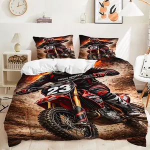 2/3Pcs Off-Road Motorcycle Racing Duvet Cover Set, Sports-Themed Bedding Set (1 Duvet Cover, 1/2 Pillowcases, Pillow Insert Not Included), Zip Closure, Soft Microfiber Bedding, Suitable for Boys' Bedrooms, Dormitories, and Guest Room Decor.