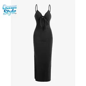 Women's 2026 Ocean Style Plain/Denim-Effect Print Camisole Dress - Sleeveless Spaghetti Strap, Cut-Out Knot Front, Backless Ribbed Backless Bodycon Tube, Fit, Lightweight, Sexy, Tight-Fit Casual Long Dress for Party, Club Wear