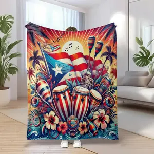 Vibrant  Carnival Plush Blanket All Season Soft Blanket Featuring Puerto Rican Flag Bongo Drum Maracas Palm Tree Designs Machine Washable Ideal for Travel Home Office Cultural Gift for Grandsons and Adults exquisite unique rico flag pattern blanket