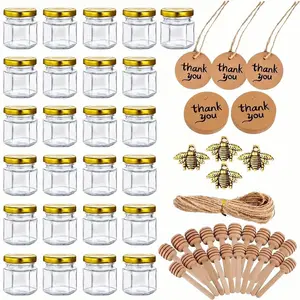 20 Pcs 1.5Oz Hexagon Mini Glass Honey Jars Set with Wooden Dippers, Bee Charms, Thank You Cards, Jute Pouches, Stickers - Decorative Home Supplies Bath Storage Bottles for Baby Shower, Wedding Gift Favors