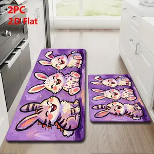 2pcs/3pcs Flannel Kitchen Mat Set, Dreamy Base, Cartoon Rabbit Design, Non-Slip, Absorbent, Home Decor