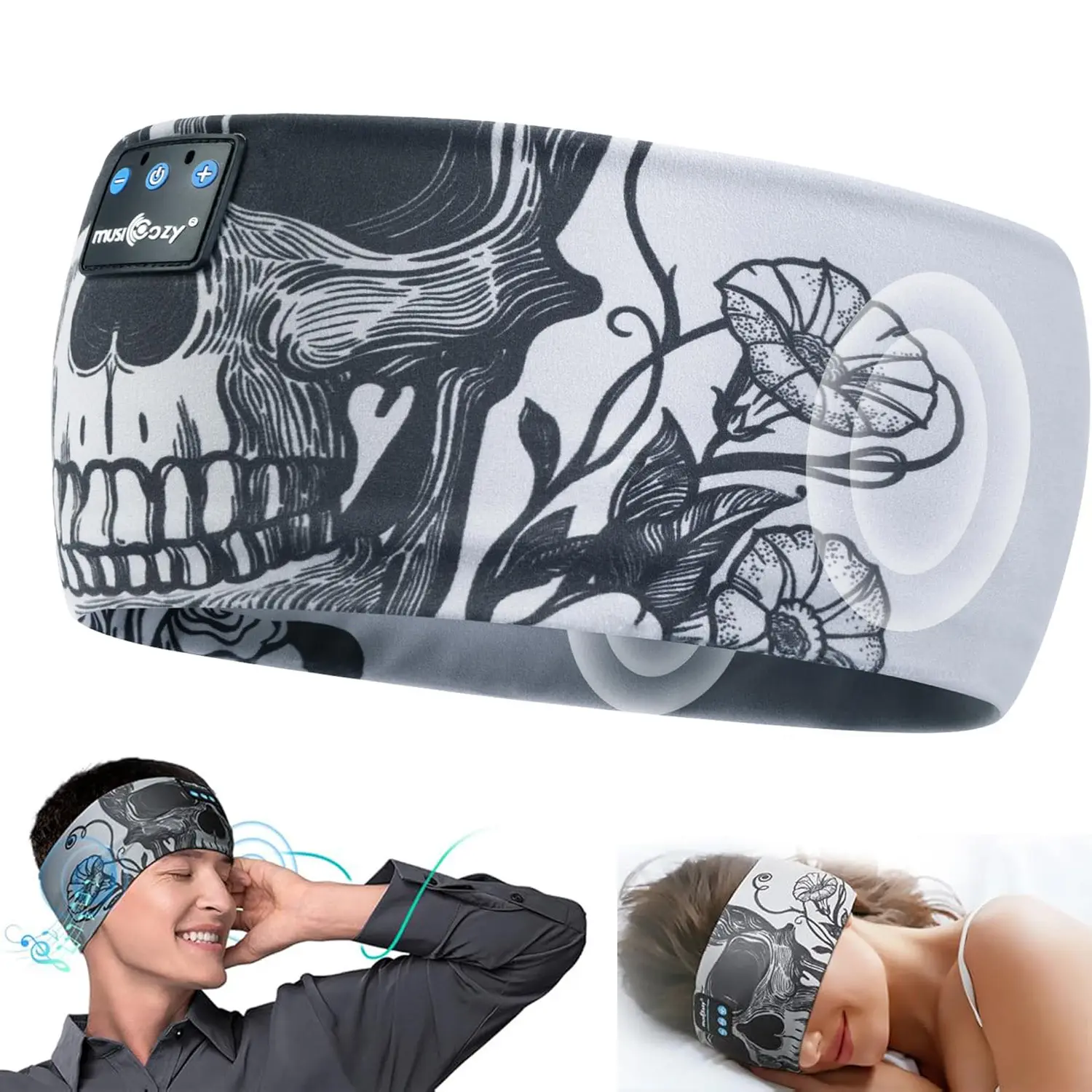 MUSICOZY 3-in-1 Skull Headband Headset, Bluetooth 5.4 Wireless Headband Headphones with Ultra-Thin HD Speakers, Sweat-Wicking Fabric, Charging Feature for Sleeping, Running, Women & Men | SummerWins | DealsForYouDays, Headband -Skull (3 In 1)