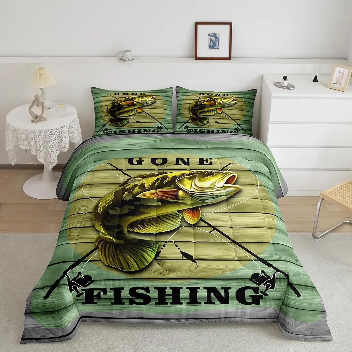 Feelyou Pike Fish Breathable Bedding Comforter Set, Green Vintage Wooden Print Hunting-Fishing & Underwater Animals Themed Linens Set, Breathable Bedding Set