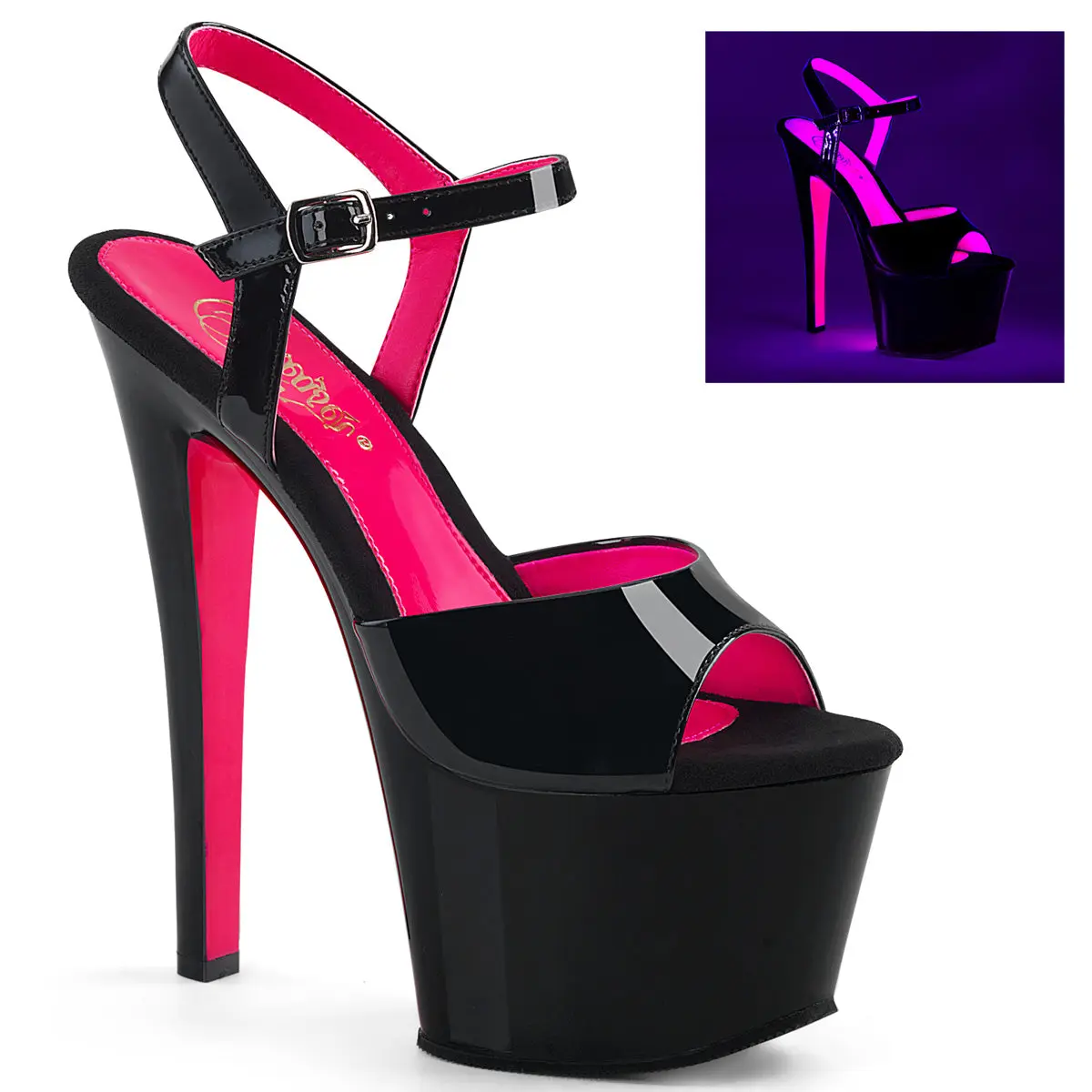 Pleaser Women's Sky-309TT Platform Heels, 2-Tone Black and Pink Ankle Strap Sandals with a 7" Heel and 2.75" Platform, Pleaser Heels, Shoe