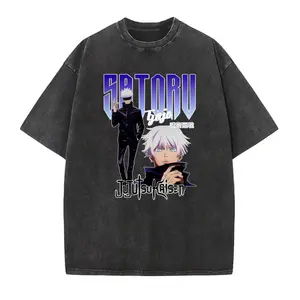 Jujutsu Kaisen Satoru Gojo T-Shirt Vintage Wash Anime Graphic Tee for Menswear Top Premium Cotton Streetwear with Dual-Portrait Illustration & Gradient Text Crewneck