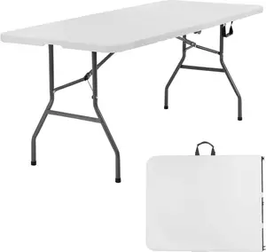 6FT Folding Table | Portable Plastic Table with Carry Handle | Waterproof & Foldable Table Design | Steel Frame with Lock | White | for Events, Camping, Indoor & Outdoor Use