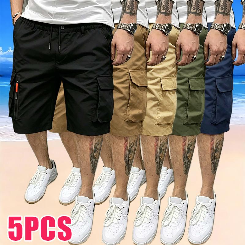 5-Pack Men&rsquo;s Sport Casual Cargo Shorts &mdash; Multiple Pockets, Drawstring Elastic Waist, Decorative False Zipper; Suitable for Outdoor Hiking, Daily Running, and Commuting