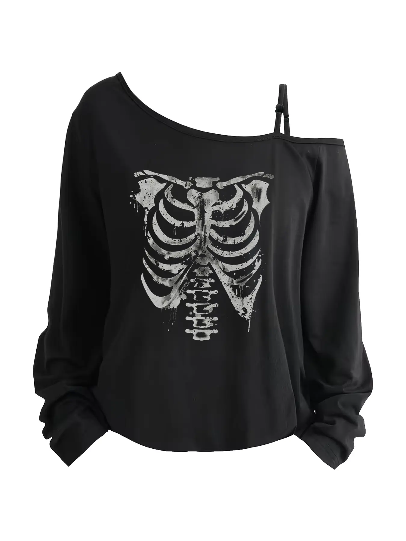 Skull Print Asymmetrical Long Sleeve Top, Loose Fit Geometric Design, Y2K Street Style Casual Lady Women's Streetwear T-Shirt for Spring Summer