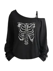 Skull Print Asymmetrical Long Sleeve Top, Loose Fit Geometric Design, Y2K Street Style Casual Women's Streetwear T-Shirt for Spring Summer