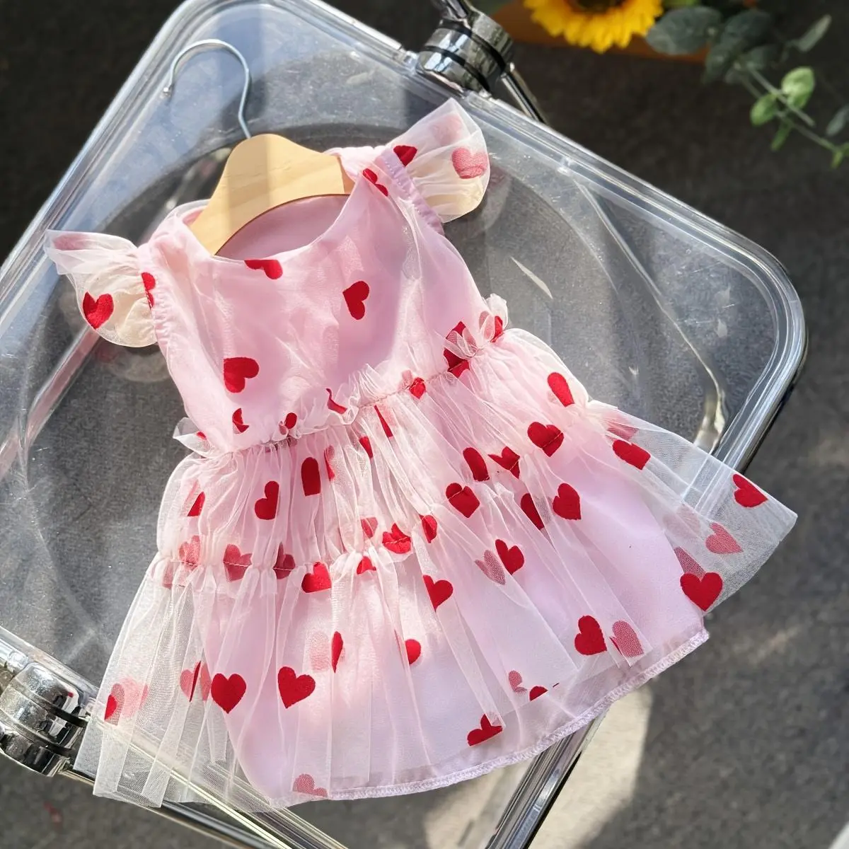 Pet Flocked Mesh Dress, Pink Heart-Patterned, All-Seasons Apparel for Cats and Dogs