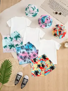 9-Piece Boys' Summer Set, Short Sleeve Top + Printed Shorts + Sun Hat, Casual Beach Style, Lightweight Comfortable, Multi-Color Combo, Outfit, Clothes Kids