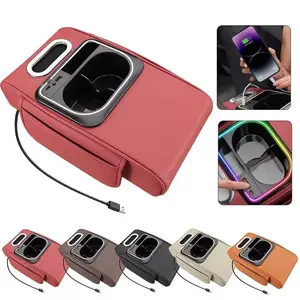 Car Multi-Function Armrest Storage Pad, Car Armrest Box, Supports Type-C and Type-A Dual Fast Charging, Music Sync RGB Ambiance Light, Easy Installation, Car Storage Organizer