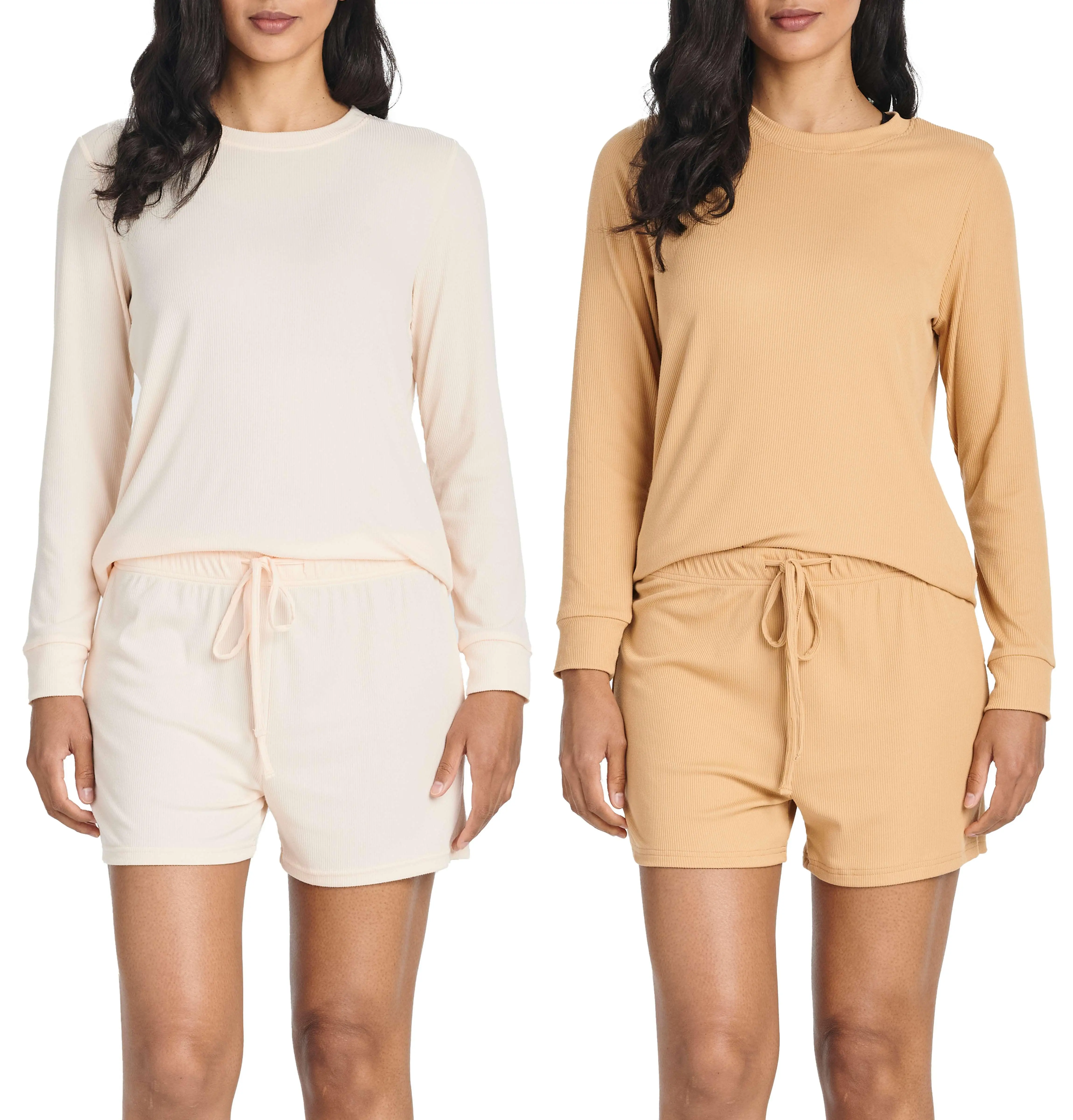 2 Pack: Women's Ribbed Knit Long Sleeve Top and Shorts Pullover Lounge Pajama Set (Available In Plus Size)