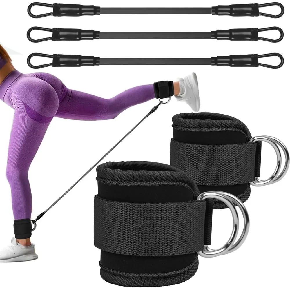 Ankle Cuff Resistance Bands Set, black rounded ankle wraps with multi-grade tension tubes, portable bag, home pilates equipment, beginner stretching outdoor walking auxiliary fitness tools