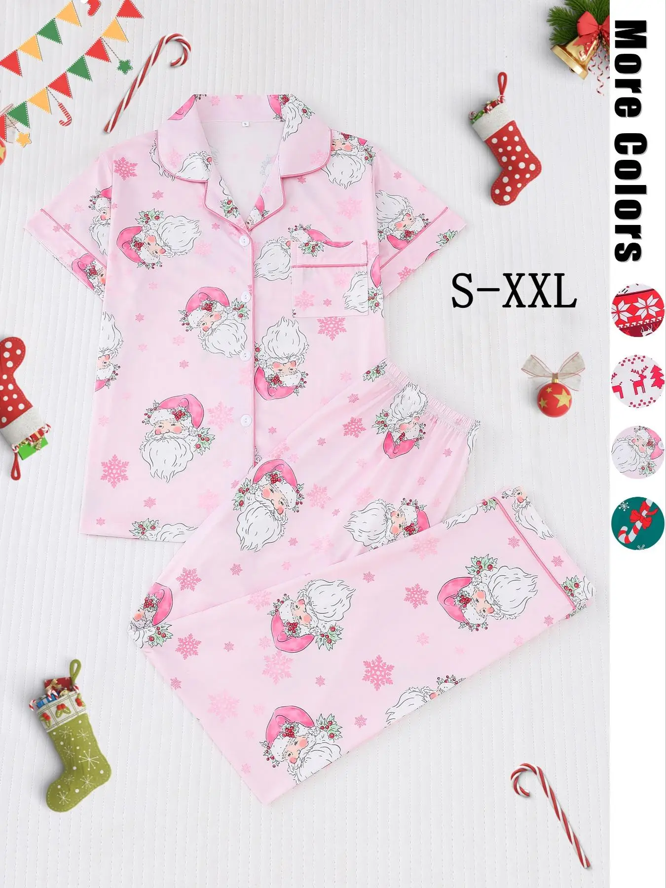 【Christmas】Women's Christmas Pajama Set, Soft Fabric, Fitted Lapel Button Short Sleeve Top & Elastic Pants, Casual Holiday Sleepwear